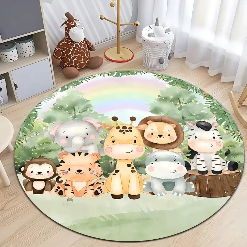 Safari Jungle Animals Print Round Rug Kids Bedroom Carpet Living Room Nonslip Floor Mat Sofa Table Rugs for Home Decor Rug