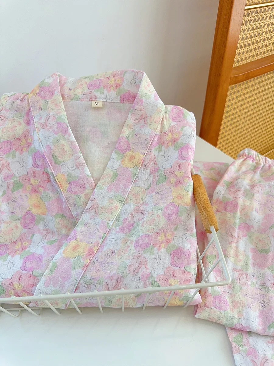 

Rose Tea Long Sve Cotton Kimono Sle Spwear Set Women's Double Layered Cotton Robe with Sa Summer Autumn Comfortable...