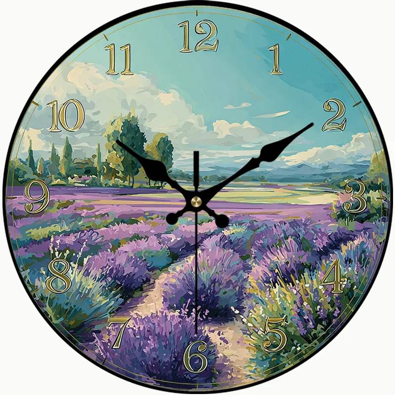 2D Flat. 1pc, Farmhouse Style pvc Wall Clock, Purple Lavender Field Design, Serene Nature Timepiece, Silent Round Clock