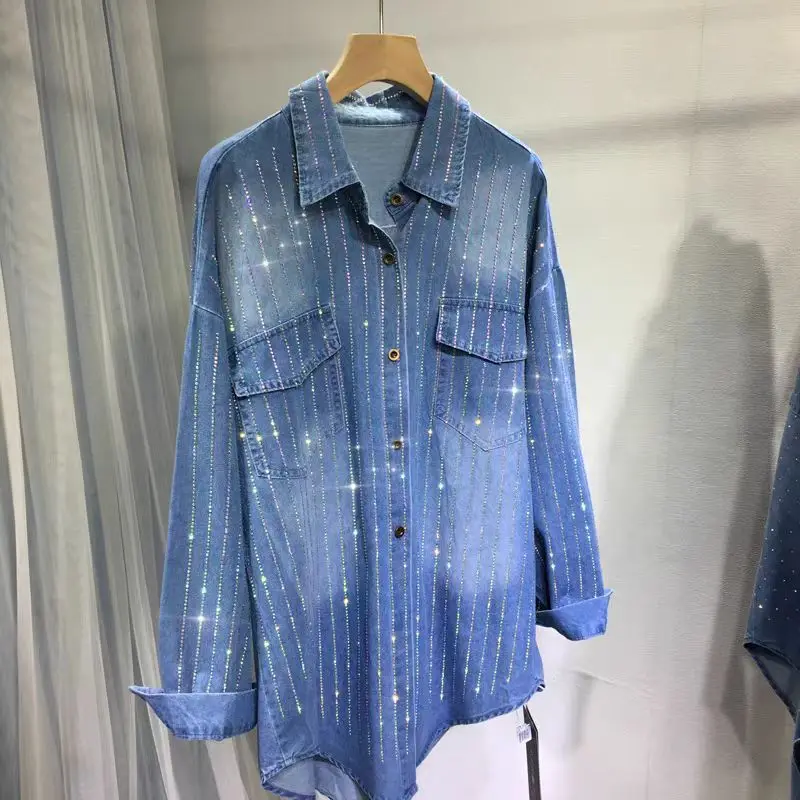 New In Autumn Sparkle Stripe Hot Drilling Mid-length Denim Shirts & Blouses For Women\'s Fashion Trend 2024 Tops Blusas Clothes