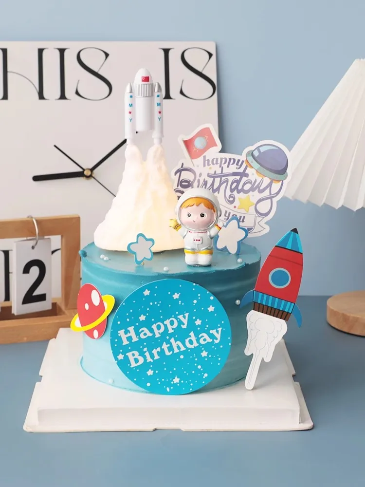 Astronaut Cake Topper Universe Rocket Planet Series Happy Birthday Letter Decoration Dessert Children's Day Gifts Party Supplies