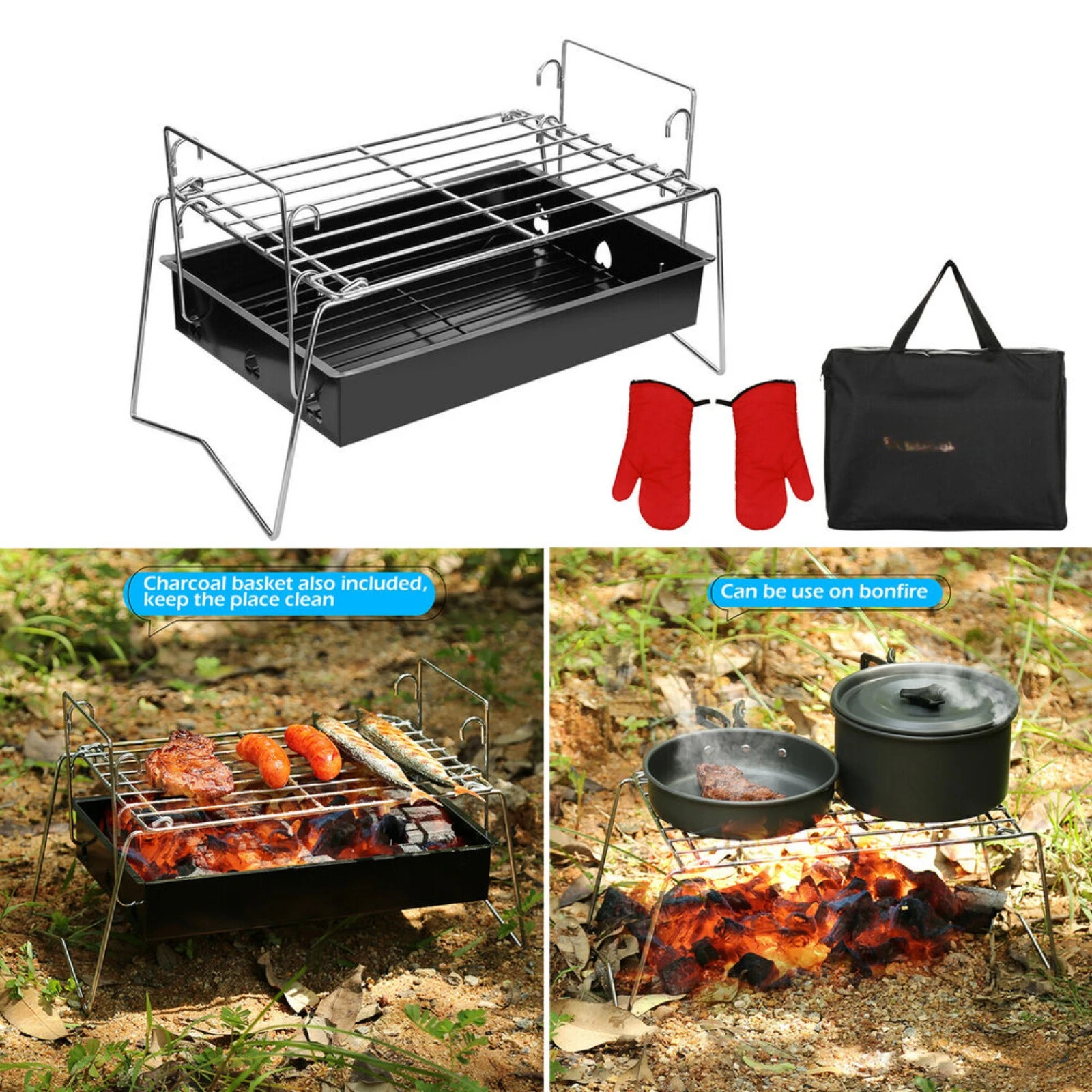 US Portable BBQ Grill Charcoal Barbecue Grill Stainless Steel Camping Outdoor Cook