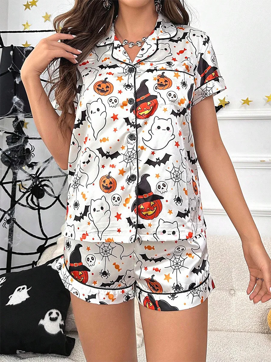 Halloween Two Piece Pajama Set Women Ghost Pumpkin Graphic Short Pajamas Set Short Sleeve Button Top Comfy Shorts Sleepwear