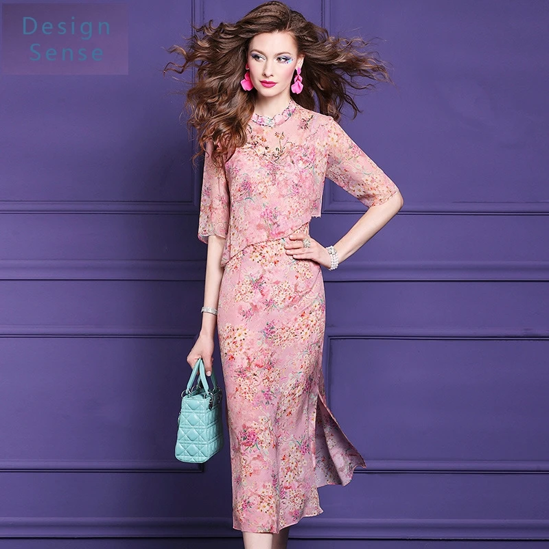 

High Quality Women's Commuting Wear Silk Floral Dress Summer French Sweet High-End New Chinese Cheongsam