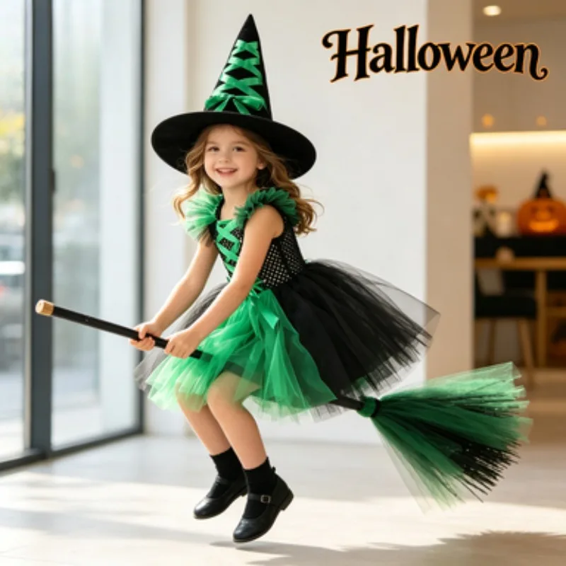 

Children's Witch Clothes Tulle Outfit Set, Green and Black Witch Party Dress for Halloween, Fluffy Tutu Dress for Festival