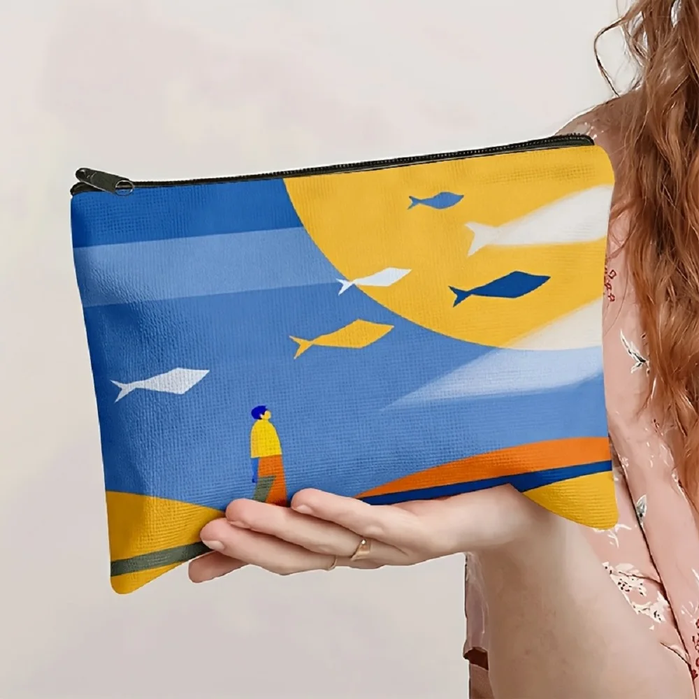1 Piece of Blue and Yellow Gradient Seascape Illustration, Fish School and Silhouette Pattern Makeup Bag - Multifunctional Zipper Pouch for Women, Perfect Travel Zipper Storage Bag, Fun Birthday Gift