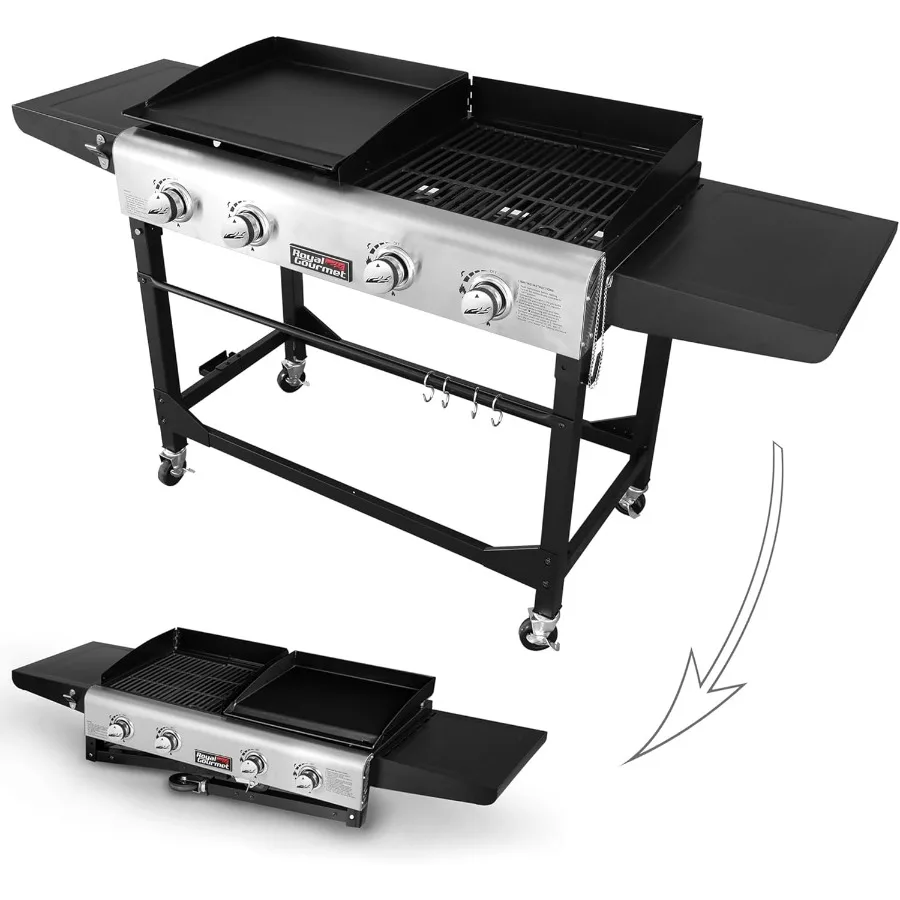 

GD401 Портативный пропановый газовый гриль и сковорода с боковым столиком, 4 конфорками, складными ножками, универсальный уличный черный, 66 дюймов