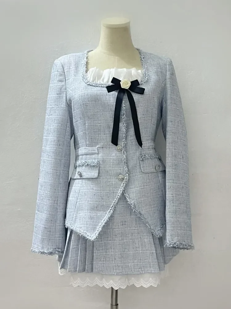 Женский комплект из двух предметов, милая парная куртка и плиссированная юбка для девушек, Элегантный Модный комплект из двух предметов на осень и зиму