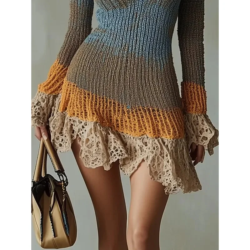 Vestido de punto tipo suéter para mujer, manga acampanada, adorno de encaje, calado, Sexy, cuello en V, invierno, otoño, elegante, Retro, informal, Mini vestido