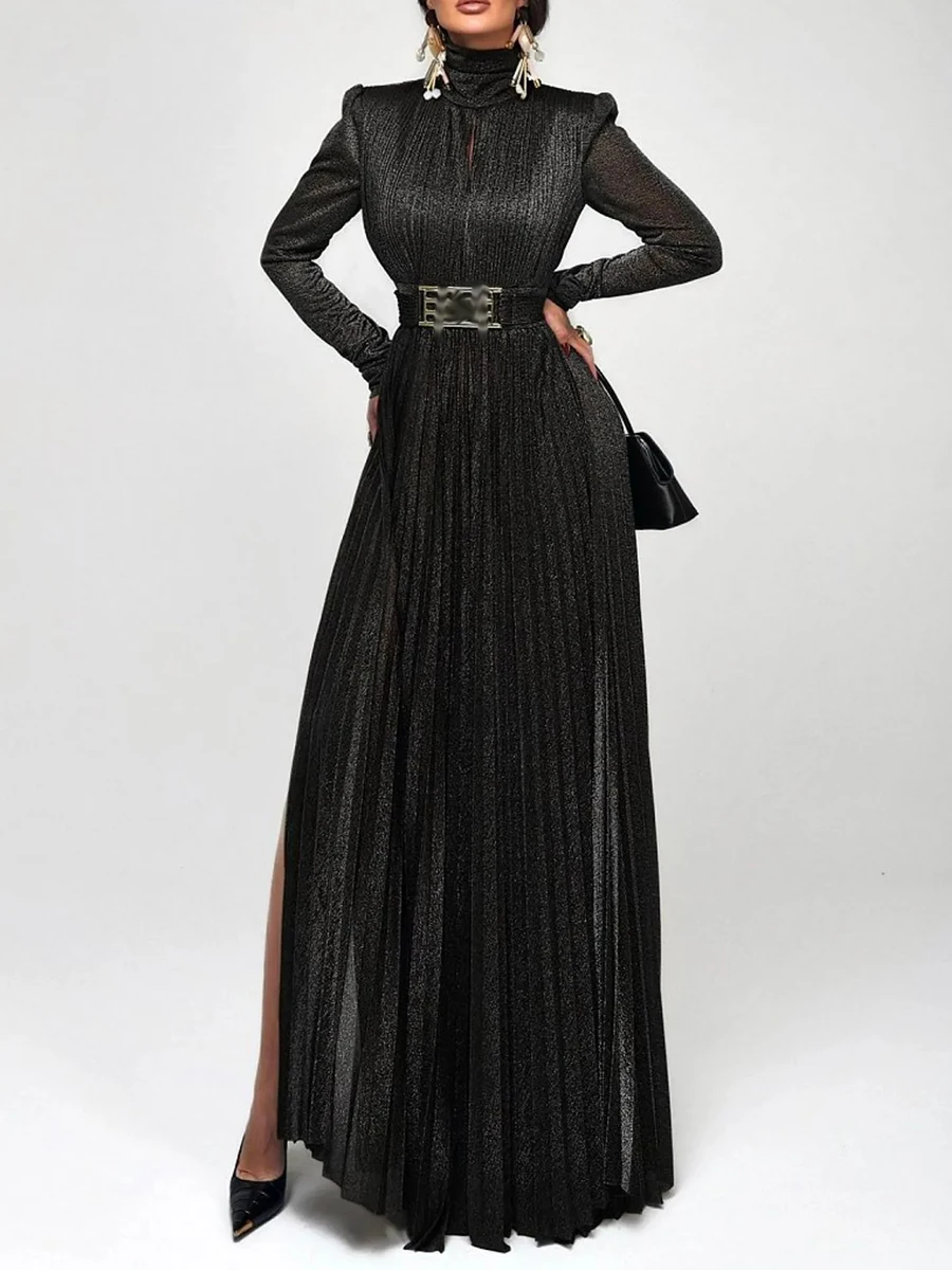 TWOTWINSTYLE Solid Spliced Belt Slimming Dresses For Women O Neck Long Sleeve High Waist Temperament Long Dress Female Clothes