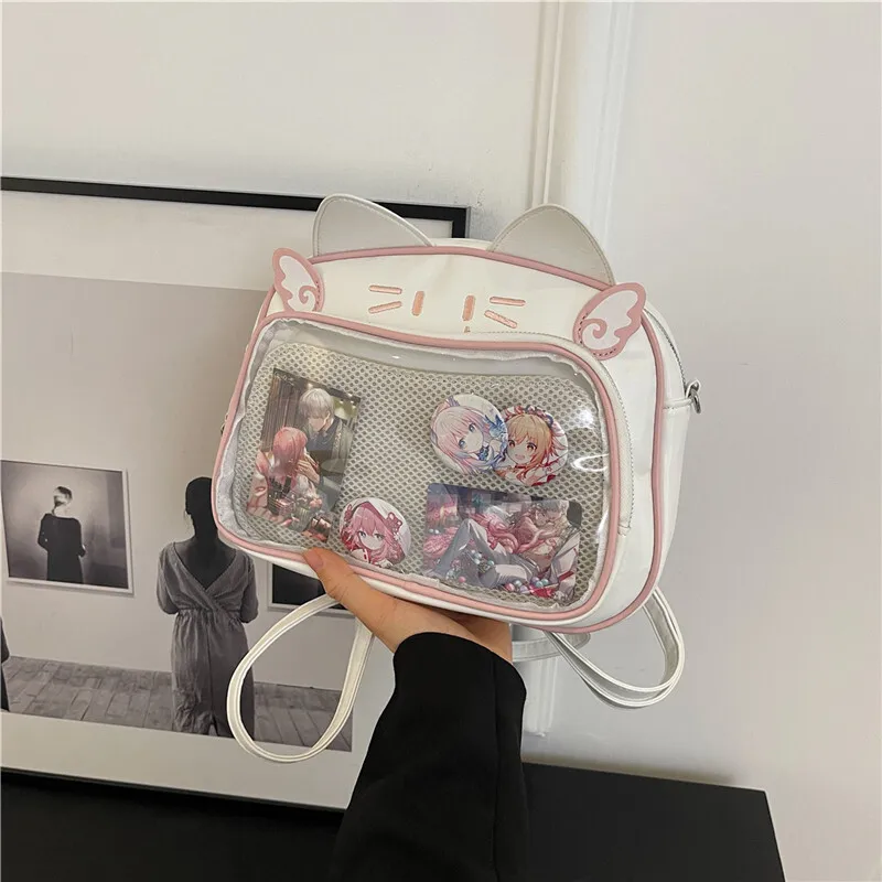 Transparent New Cute Backpack Spicy Girl Cat Large Capacity Bag Cartoon Cat Embroidered  Shoulder Bag