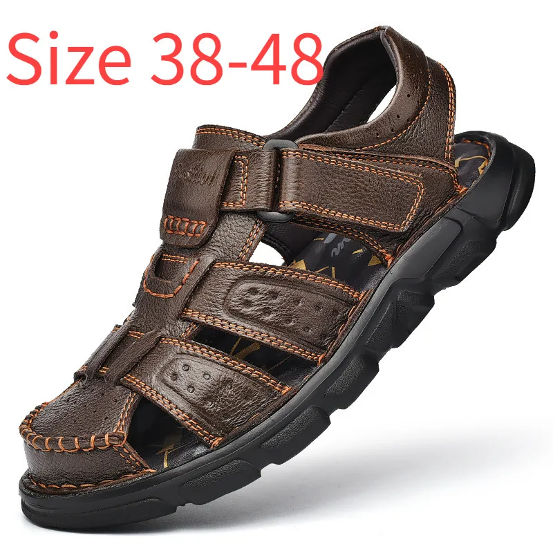 

Men's Genuine Leather Sandals 2025 Summer Cowhide Sandals Men Soft Breathable Non-Slip Beach Sandals Man Large Size 38-48
