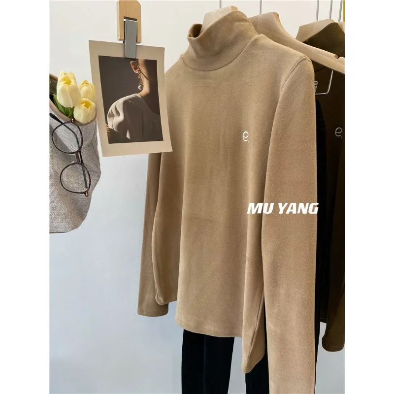 

Двусторонняя немецкая бархатная полуводолазка с вышивкой E-word, свободная футболка с длинными рукавами, нижняя рубашка для женщин, зима