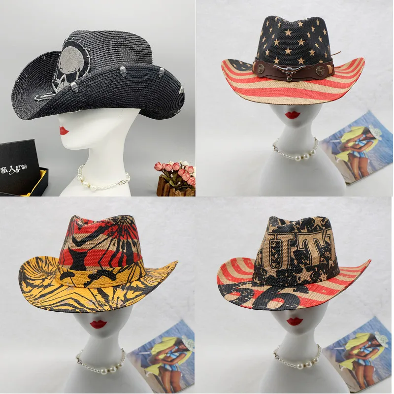 Men\'s cowboy hat Summer straw hat New printed cowboy woven straw hat Fashion casual outdoor sunshade knight hat