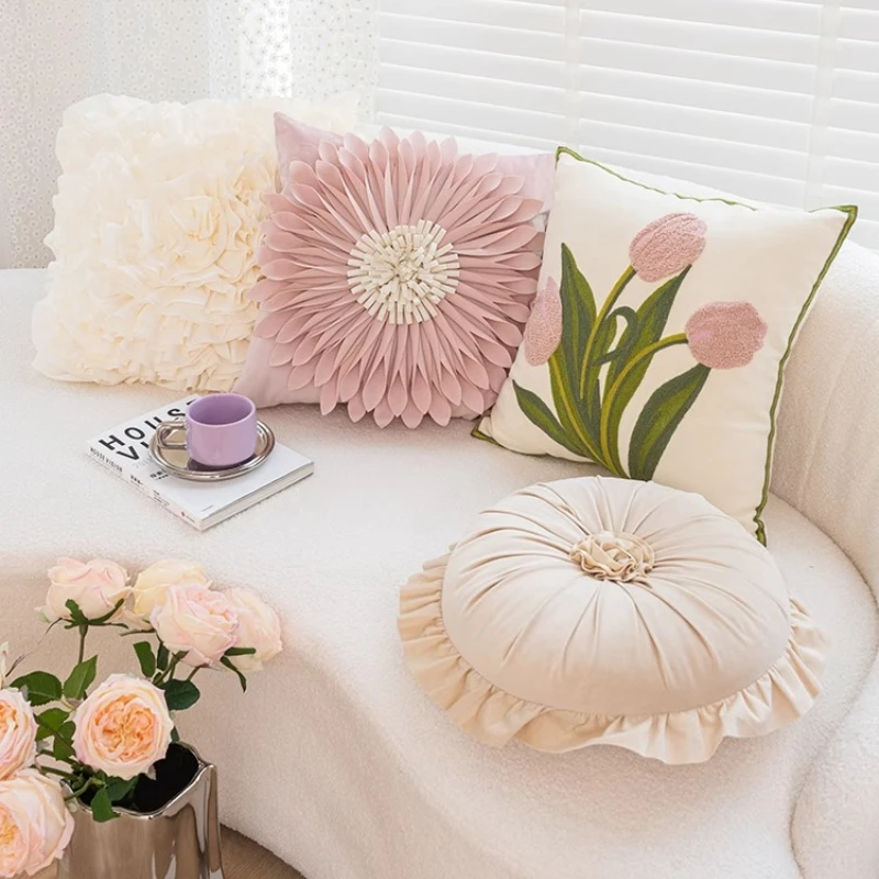 1pc 45x45cm Round Shape French Flower Pillow with Core for Sofa Living Room Tulip Bay Window Back Cushion Pillowcase