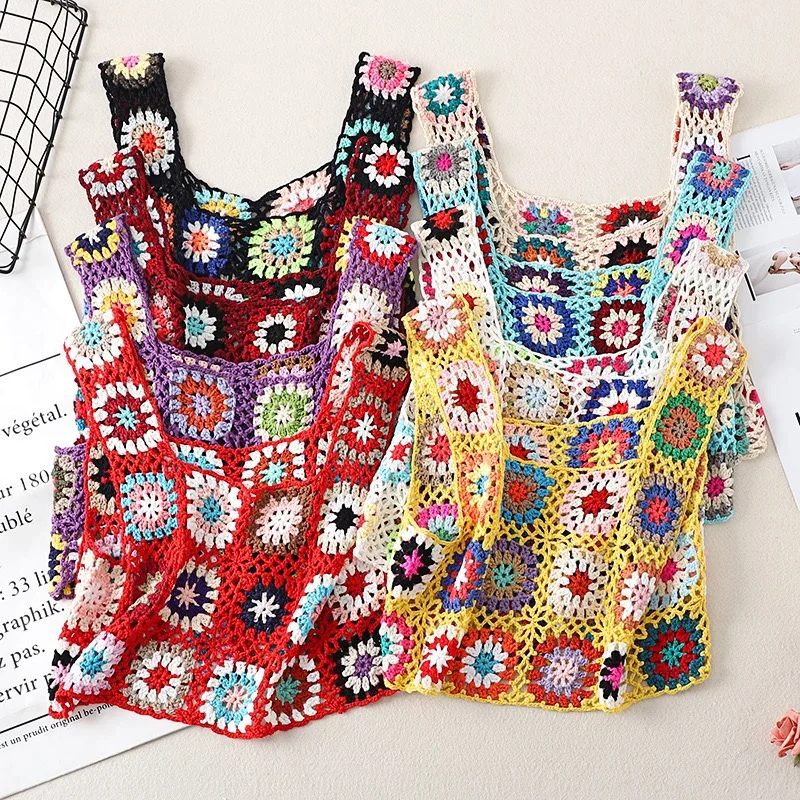 

Women Boho Hippie Crochet Knit Cropped Vest Ethnic Multicolor Plaid Pattern Sleeveless Short Shirt hollow knit vest