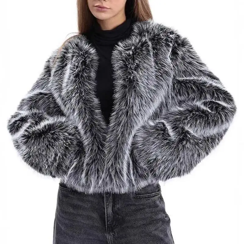 موضة جديدة من الفرو الصناعي الأوروبي والأمريكي للنساء بأكمام طويلة معطف شتوي قصير مفتوح من الأمام مع جيوب مريحة ودافئة #1