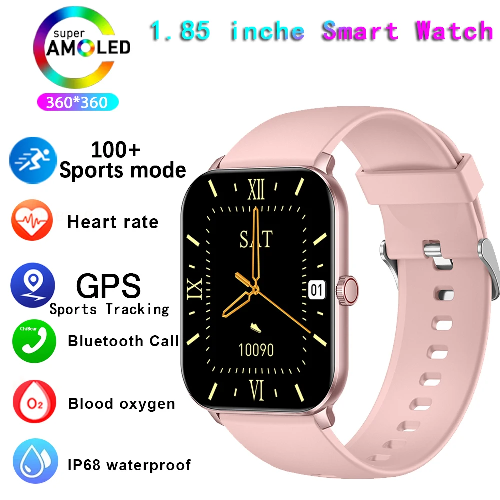 Smartwatch com display AMOLED para mulheres, rastreador de fitness esportivo, frequência cardíaca, chamada bluetooth, nova moda, gts 5, 1,85 pol, 2024