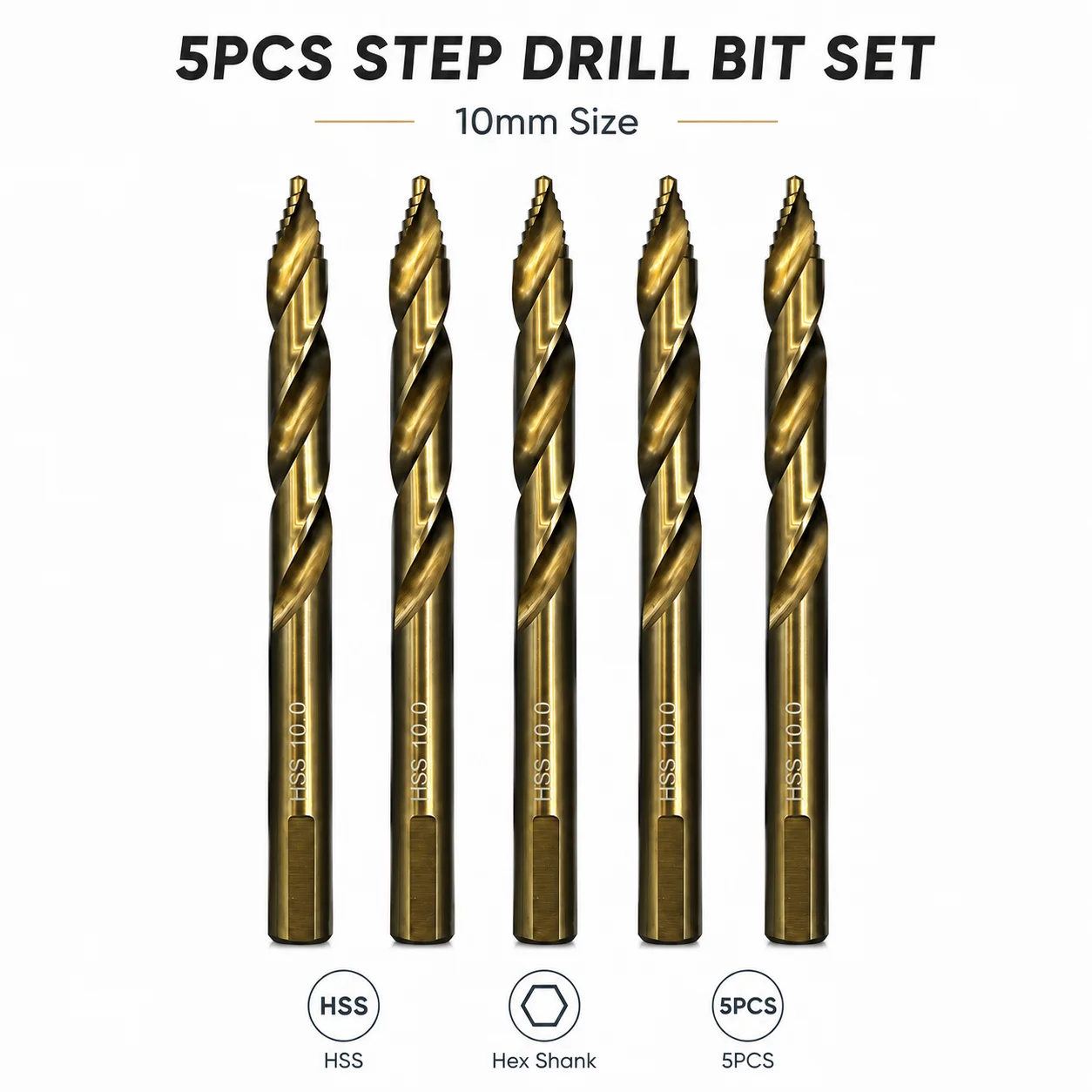 5Pcs 10mm HSS Twist Drill Bits, 1/4
