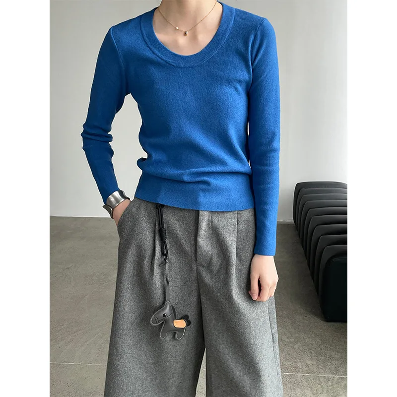 WHTREND U-الرقبة طوق التخسيس لينة محبوك قاعدة قميص للنساء أنيقة طويلة الأكمام تي شيرت علوي WH1773 #2