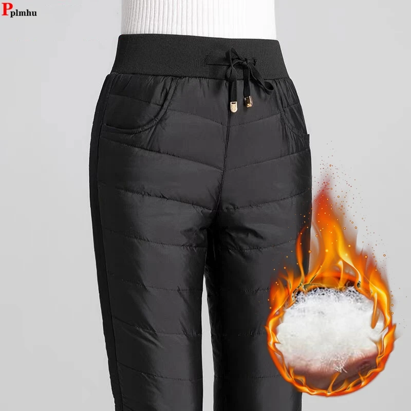 

Winter High Waist Oversize Pencil Pants Down Cotton Lined Warm Pantalones Snow Wear Skinny Spodnie Solid Color Thick Trousers