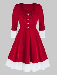 ROSEGAL Plus Size Women's Velour Ruched Bust Dresses Christmas Santa Claus Bicolor Button High Waist V-Neck Flare Dress Vestidos