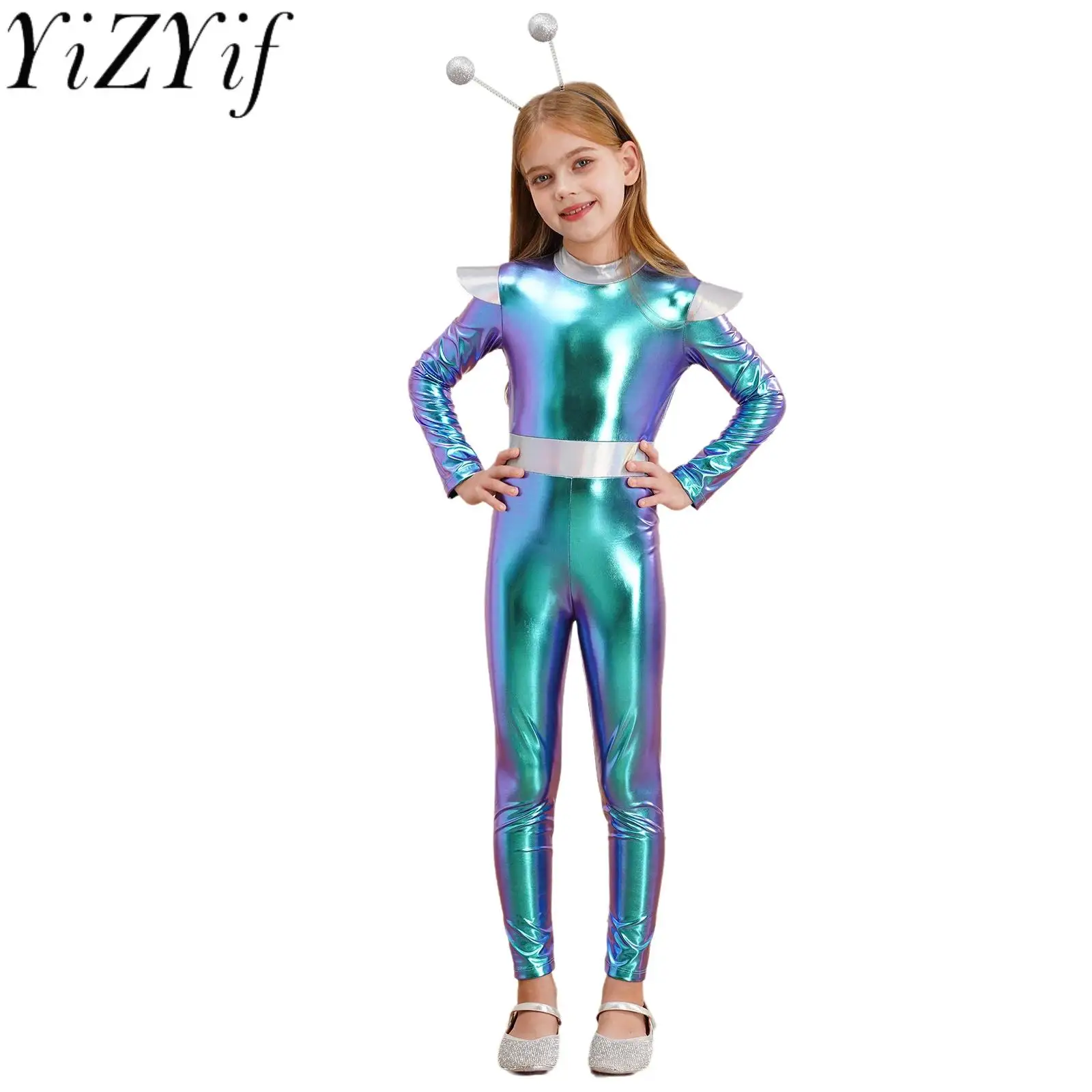 

Halloween Girls Alien Cosplay Costume Long Sleeve Full Length Metallic Jumpsuit with Alien Hair Hoop Set for Party Carnival Wear