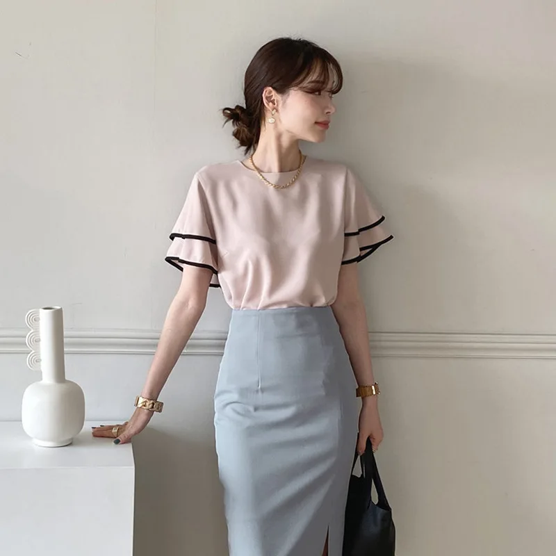 한국 스타일 신제품 3가지 색상 여름 이중 레이어 러플 소매 라운드 넥 쉬폰 블라우스 여성 우아한 루즈 탑 고품질