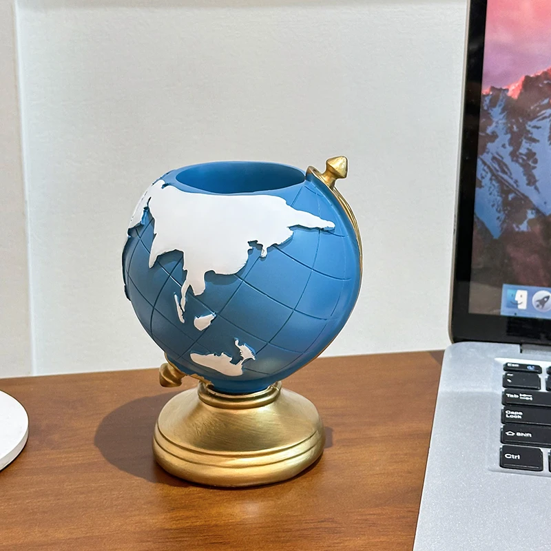 Creative Resin Globe Pen Holder Office Desktop Decoration Home Room Living Bedroom Stationery Storage Supplies Gift