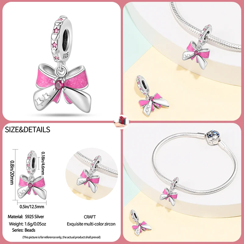 New 925 sterling silver pink bow love dessert charm beads suitable for Pandora original bracelet DIY exquisite jewelry gifts