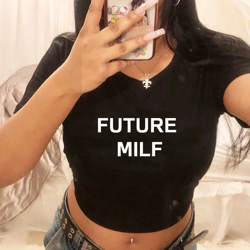 Future Milf Printed White Crop Tops Slim Sexy Baby Tee 0-Neck Y2k Vintage Harajuku Women T-Shirts Short Sleeve Summer Party Tee