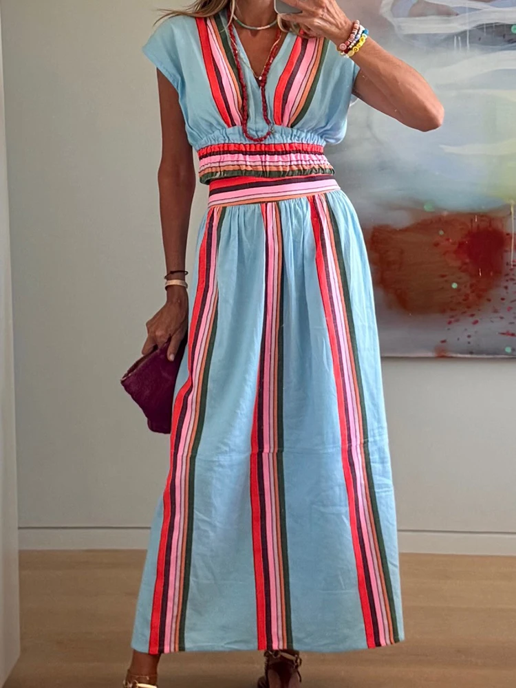 

2PCS Women's Holiday Casual V Neck Short Top Maxi Skirts Set Summer Fashion Patchwork Print Chic Simple Streetwear Outfit 2026