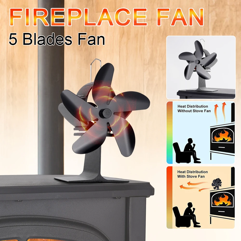 5 Blades Heat Powered Stove Fan Black Fireplace Fan Log Wood Burner Eco Quiet Fan Home Winter Heater Efficient Heat Distribution