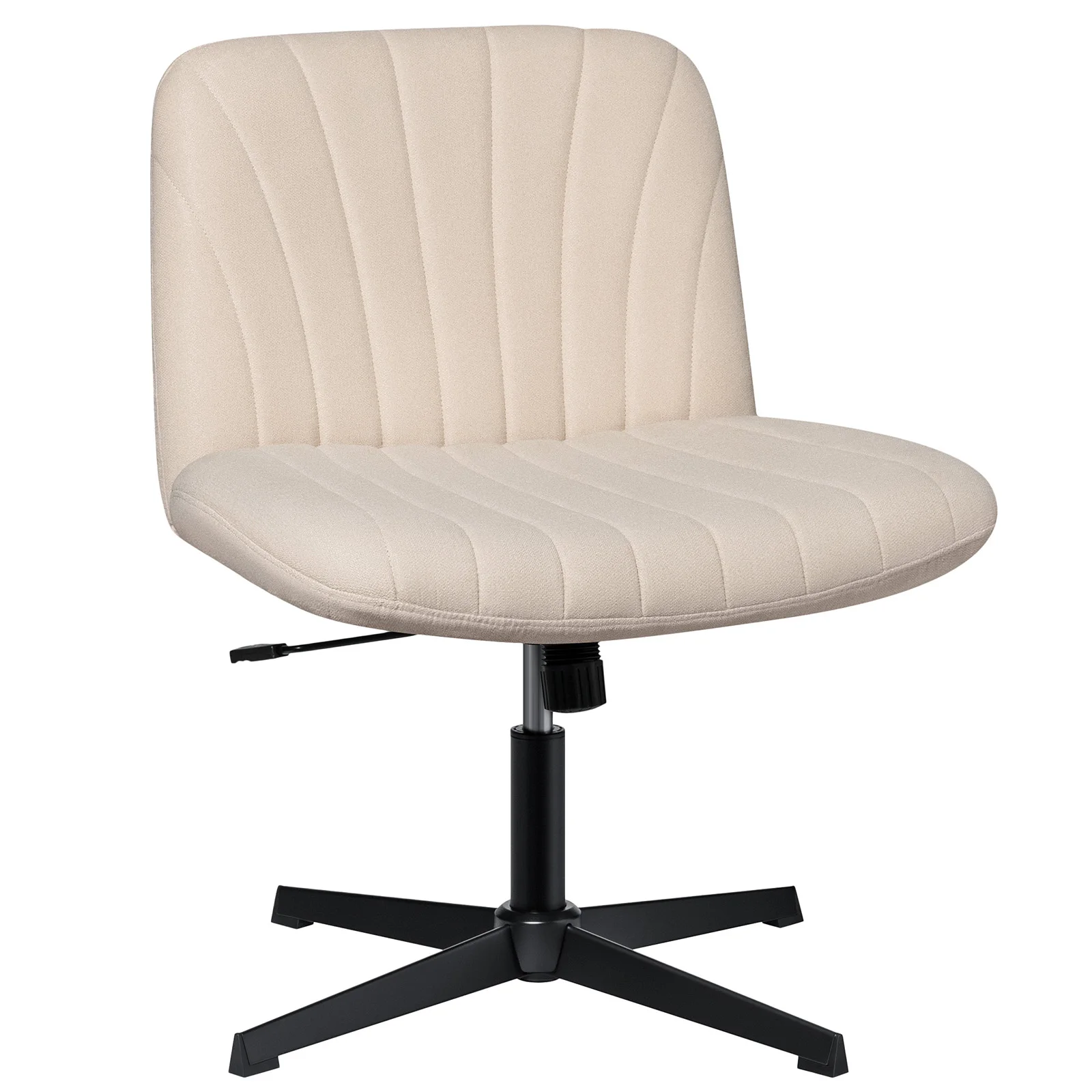 White Armless Chair Low Back With Adjustable Foot Rest No Wheels Linen Fabric Swivel Office Computer Round Chair Vanity Chair