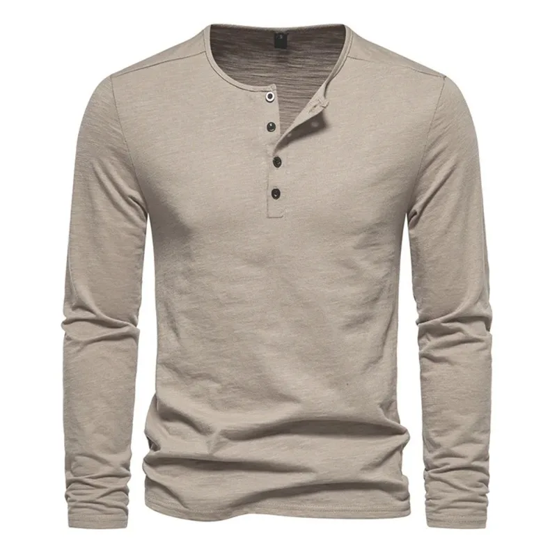 

Men Long Sleeved T-shirt Cotton Slim Fit Bottoming Shirt Fitness Tops Tees Button Neck Casual Cozy Tshirt