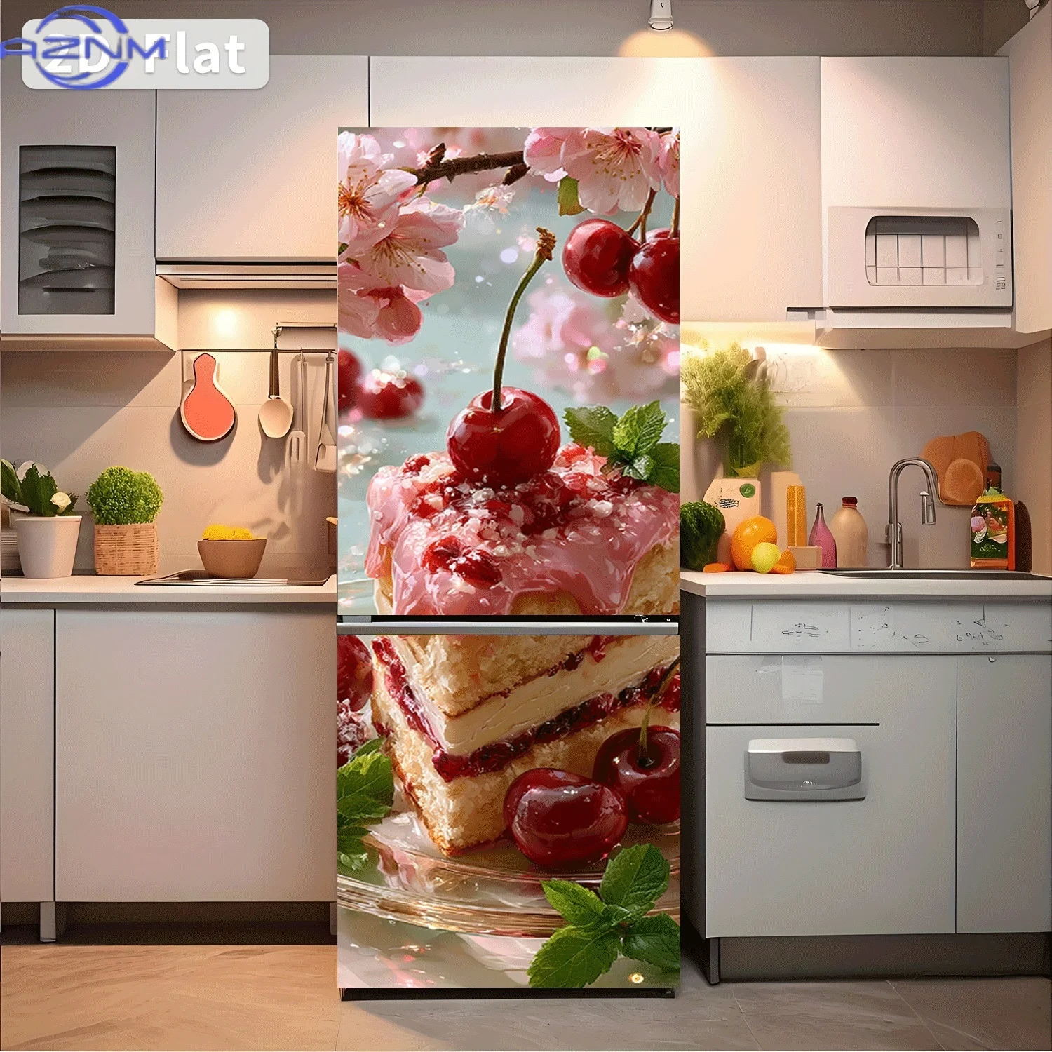 2D Flat Printing 1pc Refrigerator Sticker  Cherry Blossom Cherry Cake Themed Design Wall Sticker Decorative Wallpaper Self-Adh