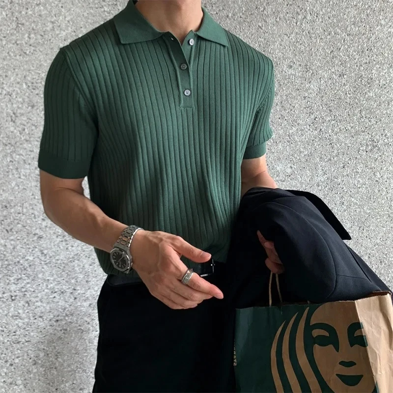 2025 New Hong Style Retro Turn Down Collar Polo Shirt Short Sleeve Men Solid Color Loose Thin Casual Summer Top