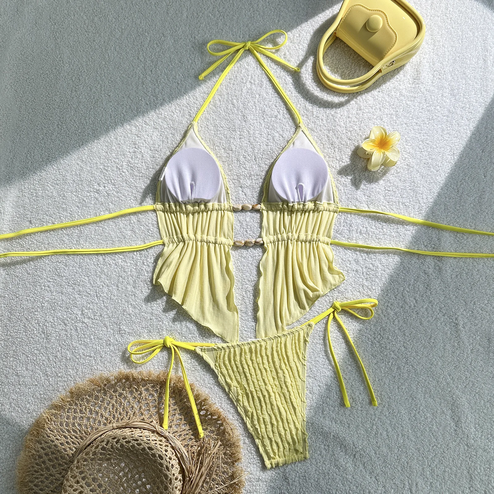 ชุดว่ายน้ำเซ็กซี่แบบแยกชิ้น ปี 2026 สำหรับผู้หญิง สีพื้น ทรงสามเหลี่ยม บิกินี่สองชิ้น ประดับลูกปัดรูปหัวใจ ชุดว่ายน้ำผู้หญิง บิกินี่บราซิลเลียร์