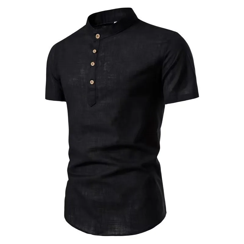 Men\'s casual short-sleeved stand-up collar vintage solid color shirt