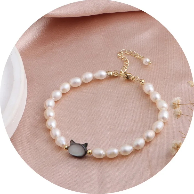 

Minar Cute Real Gold Plated Copper White Purple Natural Shell Cat Head Freshwater Pearl Strand Bracelets for Women Accessories