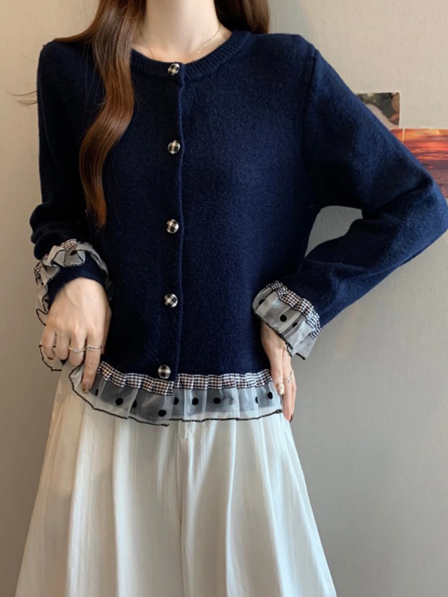 

Корейский вязаный кардиган с вставками, утягивающий, с длинными рукавами, для полных женщин, осенняя одежда