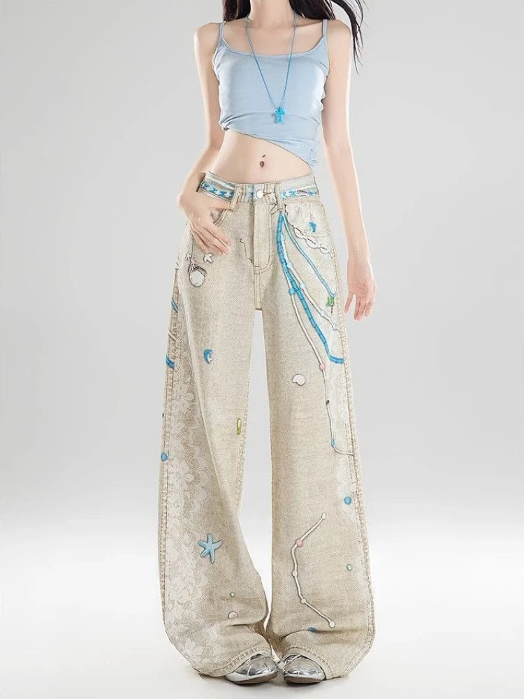 

Women's American Retro Denim Pants Summer New High Waist Loose Flare Trousers Chain Lace Print Design