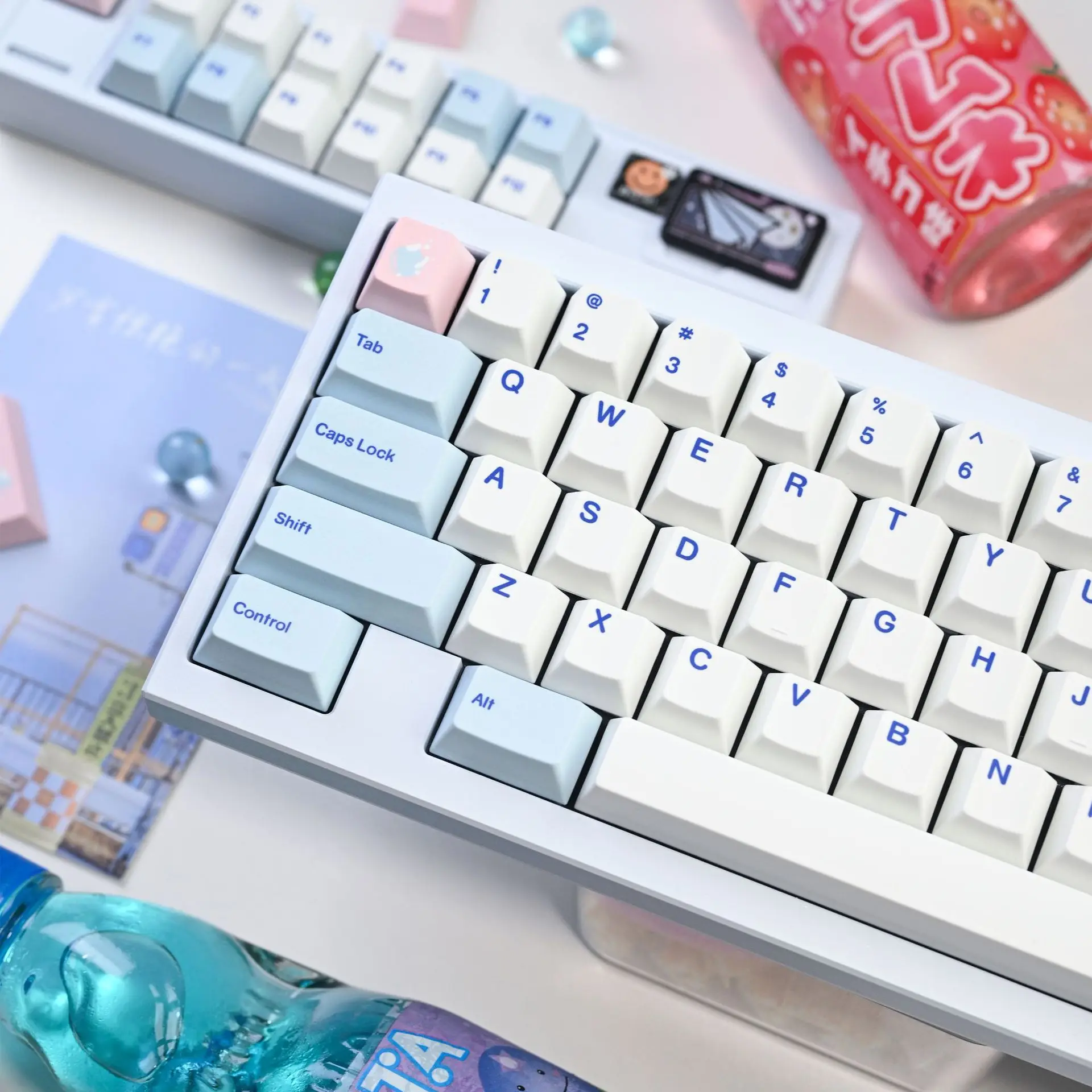 Soda Themed PBT Keycaps with Blue Printed Legends 1.7mm 5-Side Dye Sub for MX Switches Mechanical Keyboard White Keycap 143-Key