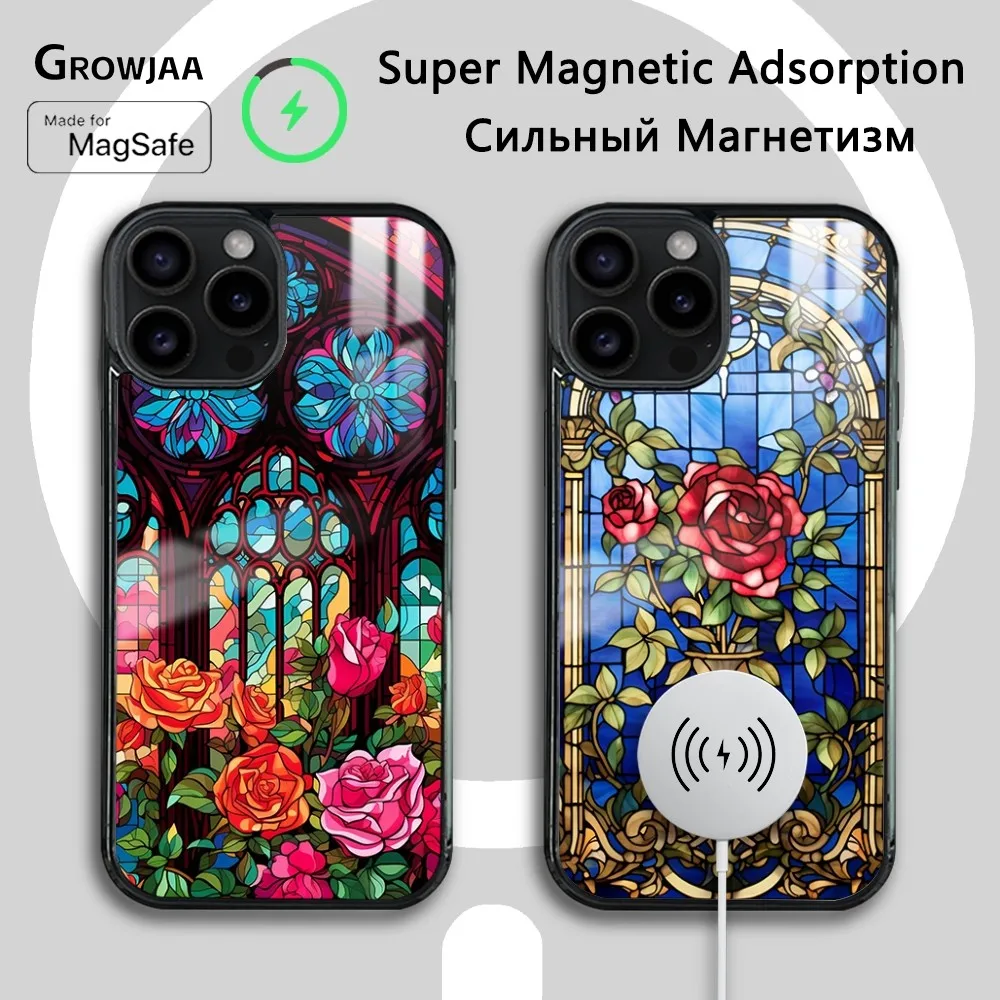 Stained Glass Roses Phone Case For iPhone 16 15 14 13 12 11 Pro Max Plus Mini Magsafe Mirror Wireless Magnetic Cover