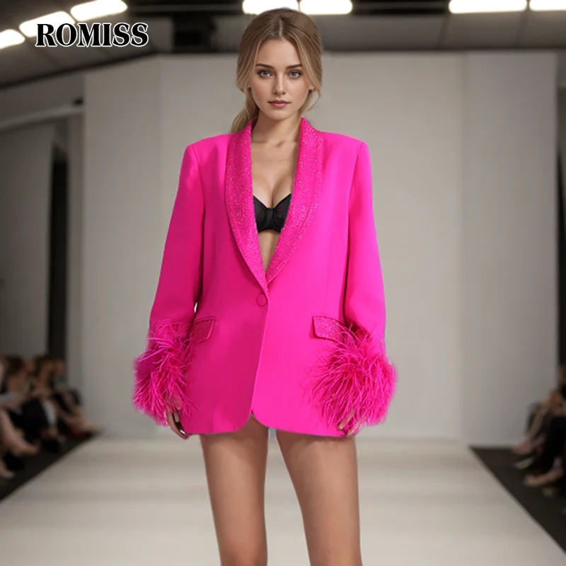 

ROMISS Casual Spliced Feather Blazers For Women Shawl Collar Long Sleeve Chic Elegant Blazer Female Fashion Clothing 2024