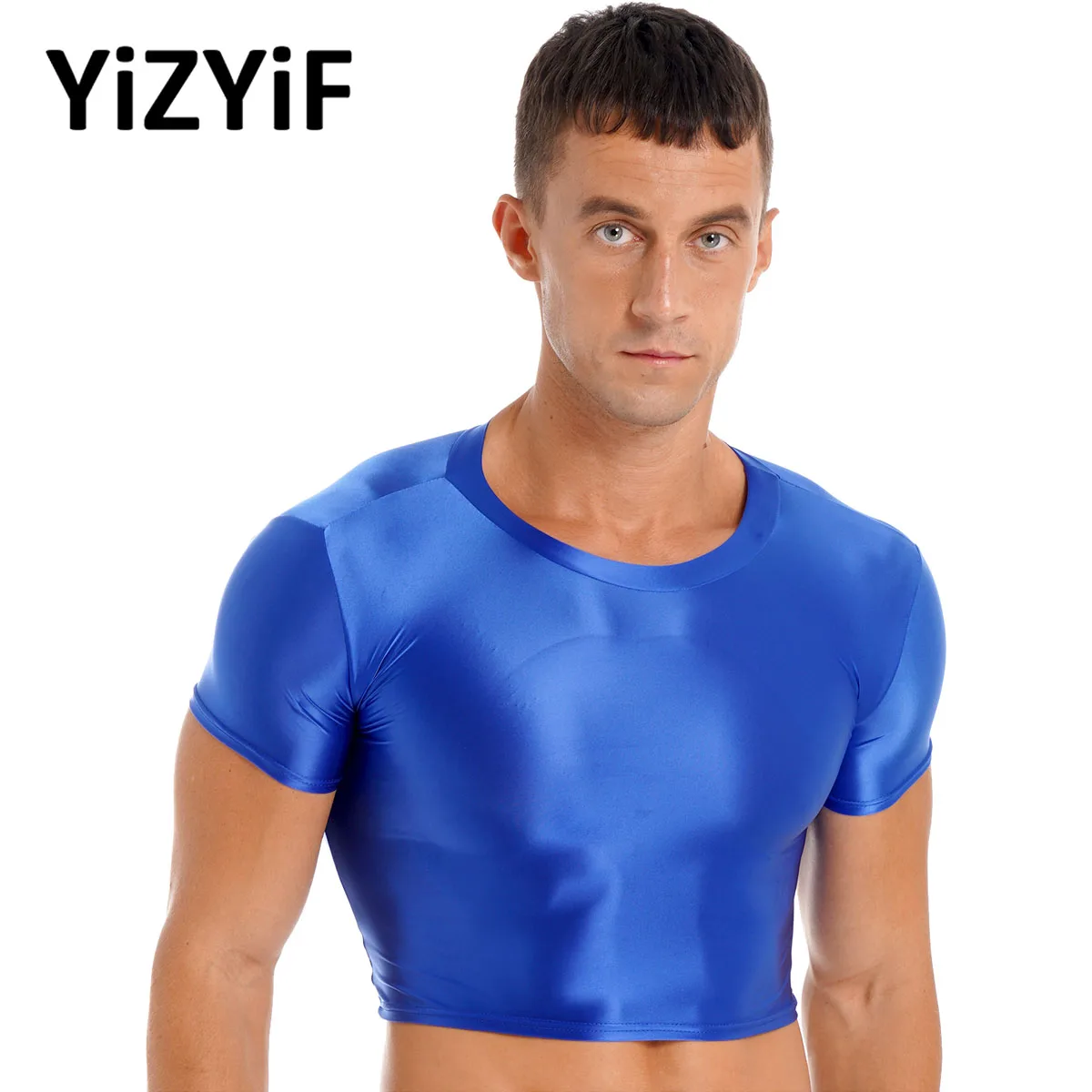 Mens Glossy Short Sleeve Workout Gym Sport Crop Top Shirt Oil Shiny U Neck Fitness Yoga Vest Rave Party Clubwear Swimwear