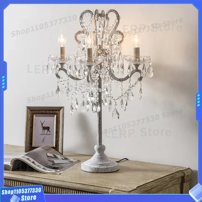 Vintage White Crystal Table Lamp American Country Style Vertical Design for Living Room Bedroom Bedside Simple French Decor