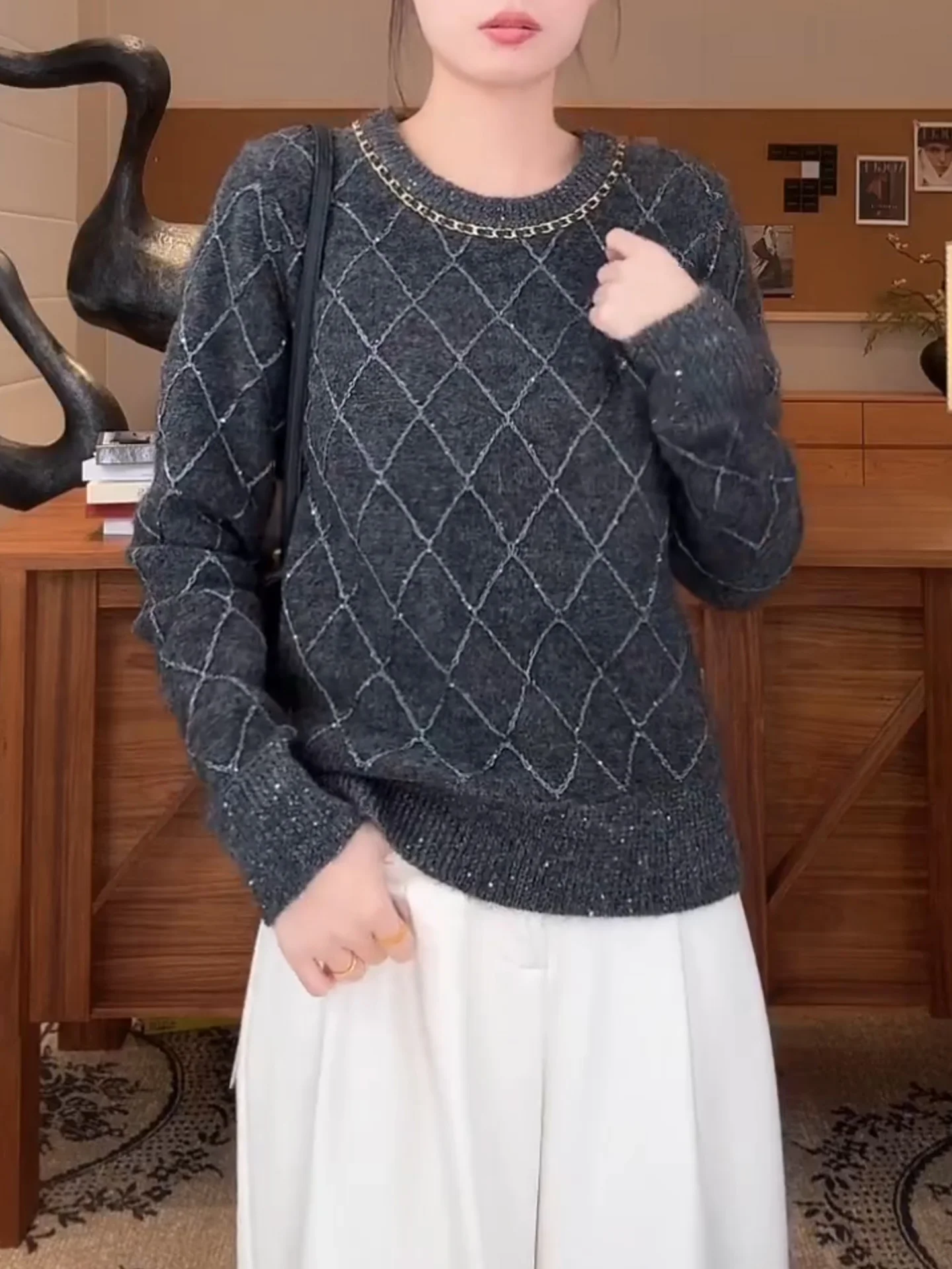 

Женский вязаный свитер Deep ey Small Fraance в корейском стиле, свободный, универсальный, с круглым вырезом, с длинными рукавами, для повседневной носки