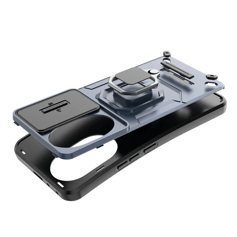 Honor 200 5G用 レンズ保護アーマーケース、耐衝撃マグネットホルダーリングスタンド付き、スライドカメラバックカバー