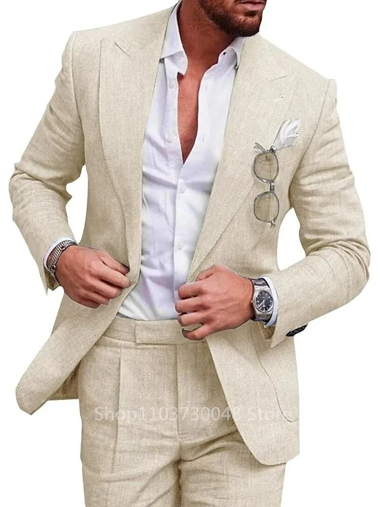 Light Blue/Beige Linen Wedding Men Suit Casual Single Breasted Slim Fit Blazer Pants High Quality Summer 2 Piece Costume Homme